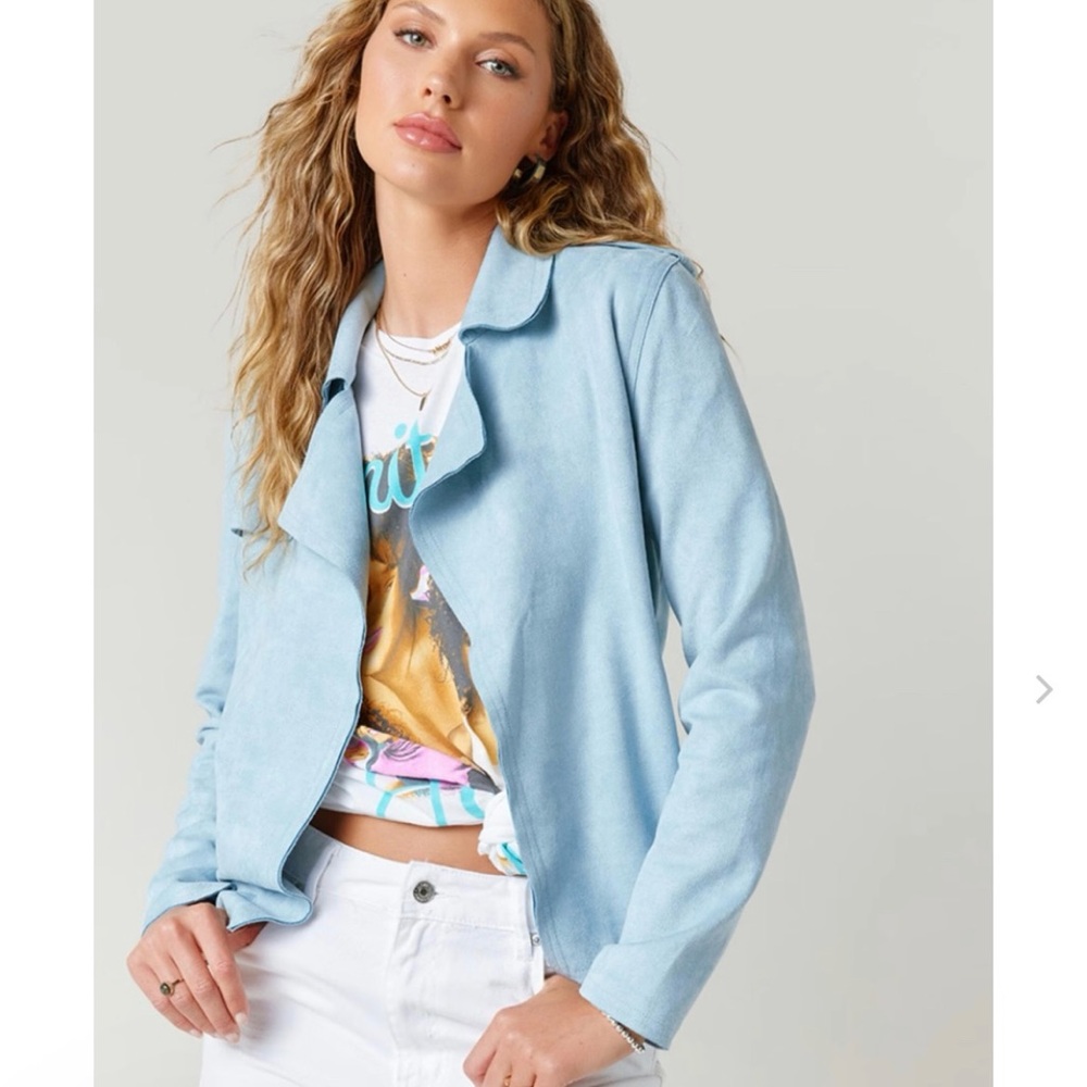 Light Blue Suede Moto Jacket M Cute Soft Blazer NWT